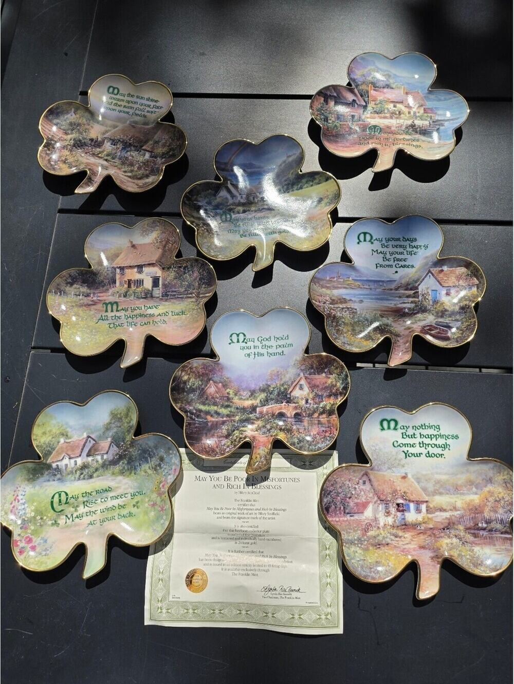 Franklin Mint Irish Blessing Shamrock Plates Set of 8 Hilary Scoffield COA Gold